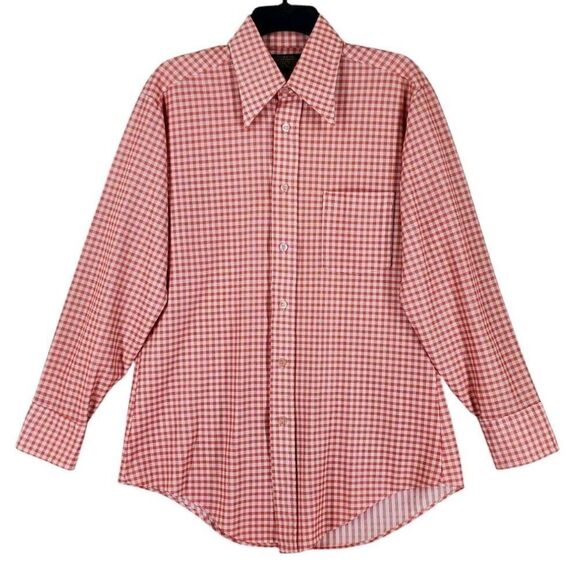 Vtg 70s Sears Shirt Men L Trim Reg Orange White Gingham Check Fitted Lightweight - Picture 7 of 11